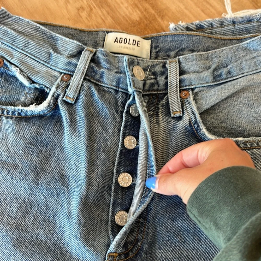 Agolde Riley Medium Wash Distressed High Rise Straight Jeans 24 - Picture 11 of 14